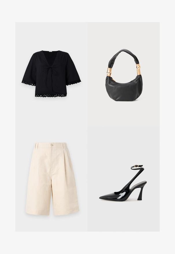 By Malene Birger ULRIKKE - Camicetta - black; Pantaloni shorts in lino beige con una vestibilità rilassata, dotati di chiusura con bottone, design plissettato e taglio lungo fino al ginocchio. Tessuto morbido e stile semplice.; Slingback eleganti in pelle verniciata nera con punta appuntita, cinturino alla caviglia regolabile e tacco quadrato moderato. Texture liscia con finitura lucida.; Borsa a tracolla in pelle nera con una forma rotonda, texture morbida e manico annodato con dettagli in metallo dorato. Chiusura con zip.