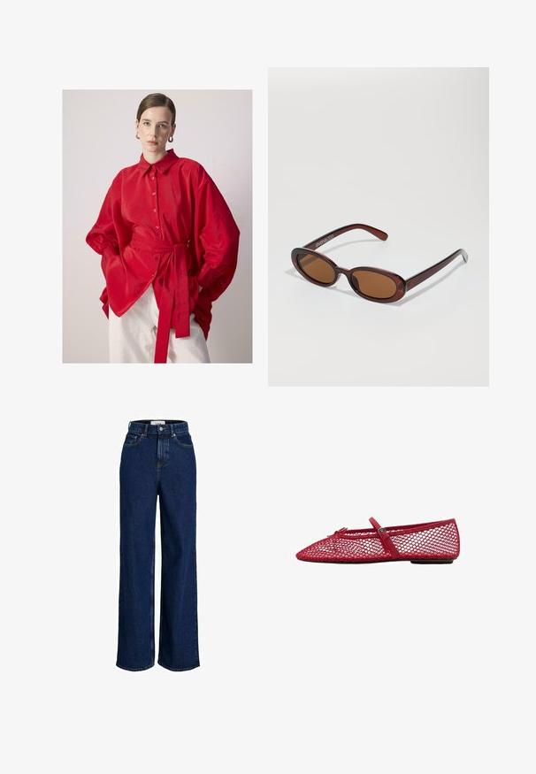 Femeie cu părul dat pe spate, purtând cercei rotunzi argintii, o bluză supradimensionată roșie cu nasturi și cordon în talie, și pantaloni albi pe un fundal simplu.; Jeans din denim de culoare albastră închisă, cu talie înaltă, picioare largi, sistem de închidere cu un buton în față și design cu cinci buzunare.; Balerini roșii din plasă cu vârful ascuțit, prezentând o curea subțire și un detaliu cu cataramă. Partea superioară are un model deschis, în formă de fagure.; Ochelari de soare rotunzi, cu nuanțe de brown și cu un cadru lucios de burgund. Brațe subțiri cu detalii subtile de branding. Design cu lentile plate.; Set de opt cercei din metal în tonuri de argint și aur. Include diverse stiluri de cerc, texturi și finisaje, aranjate după dimensiune.