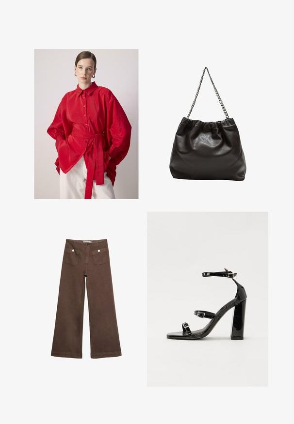 Nainen, jolla on taakse slickattu hiustyyli, käyttää hopeisia renkaakorviksia, suurikokoista punaista nappipaitaa vyötärösoljella ja valkoisia housuja yksinkertaista taustaa vasten.; Ruske leve bukser i bomuld med to forlommer med sølvknapper og en glat overflade.; Musta kiiltäväpintainen korkokengät, joissa on kaksi solkikiinnitystä, neliönmuotoinen kärki ja paksu korko, sileällä, kiiltävällä pintarakenteella.; Ruskea nahkainen laukku, jossa on kerätty yläosa ja ketjuhihna. Tasainen pinta, jossa kiiltävä viimeistely ja hienovaraiset sauman yksityiskohdat sivuilla.