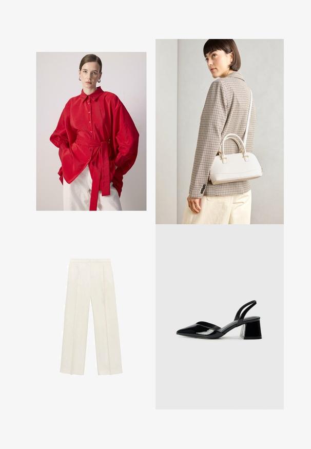 Ženska s počešljenimi lasmi nosi srebrne obročaste uhane, preveliko rdečo srajco s gumbi in pasom ter bele hlače na enobarvni podlagi.; Hlače širokih nogavic v svetli kremni barvi. Narejene iz gladkega materiala s plitkimi naborki spredaj in stranskimi žepi.; Črne lakirane slingback pete s koničastim nosom in geometrijsko blokasto peto. Imajo eleganten, minimalističen dizajn in gladko teksturo.; Bela strukturirana torba z kratkimi ročaji in naramnim trakom, z zlatimi okrasnimi elementi in teksturiranim materialom, prikazana na sivi podlagi.