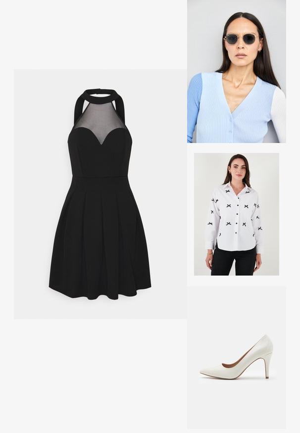 Weißes Hemd mit schwarzer Kreuzstickerei, langen Ärmeln, knöpfbaren Manschetten und schwarzen Knöpfen. Glatte Textur, klassisches Kragen-Design.; Schwarzes Kleid mit Neckholder und Netzpaneel. Verfügt über einen Herzausschnitt, einen gefalteten Rock und ein tailliertes Oberteil. Glatte Stofftextur.; Weiße Lackleder-Pumps mit spitzer Zehenform und glatter Oberfläche, ausgestattet mit einem schmalen Absatz und einem niedrigen Schnitt um die Öffnung.; Runde Sonnenbrillen mit dunklen Gläsern und goldenen Rahmen. Das Modell trägt eine hellblaue, gerippte Strickjacke mit Knöpfen und weißen Kontrastärmeln.; Michael Kors Clutch in beige beschichtetem Canvas mit einem wiederholten MK-Logo-Muster, goldfarbener hardware und einem abnehmbaren Kettenriemen.