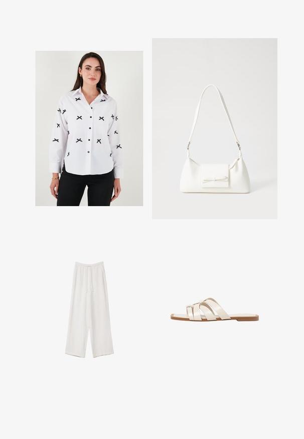 Bijela košulja s dugim rukavima, crnim vezenim križem, dugim rukavima, dugmadi na manžetama i crnim dugmadi. Glatka tekstura, klasičan dizajn ovratnika.; Bijele hlače širokih nogavica napravljene od lagane tkanine. Imaju elastičan pojas s ušicom i bočne džepove. Glatka tekstura.; Ravne sandale s smeškom od gume, dizajnirane s tri preklapajuće bele kožne trake i malim detaljem mašne u sredini.; Bijela sintetička torbica s trokutastim oblikom, ravnim prednjim poklopcem i detaljem u obliku mašne, podesivom remenom, glatkom teksturom i minimalističkim dizajnom.