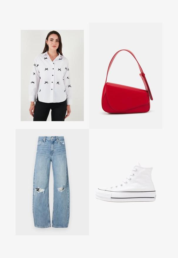 Valge nööpidega särk musta ristkirja tikandiga, pikkade varrukatega, nööpidega mansetid ja mustad nööbid. Siledad tekstuur, klassikaline kraediisain.; Heledad hallideega sinised teksad, millel on kõrge talje. Teksade jalgadel on lai alus, kaks rebitud kohta põlvede ümber ning klassikaline viie tasku stiil.; Valge kõrgem kangast tenniseking, millel on must kummist tald, ees kummist varvasetugi ja kuus aukku paelte jaoks, pakkudes puhta ja minimalistliku disaini.; Punane nahast käekott, millel on nurkadega geomeetriline disain. Omab ühte reguleeritavat rihma ja klappidega sulgemist, millel on õmblustega kaunistused.