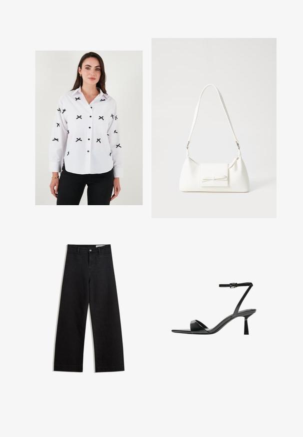 Cămașă albă cu guler clasic, cu broderie încrucișată neagră, mâneci lungi, mansete butonate și nasturi negri. Textură netedă.; Pantaloni din denim negri cu picioare largi, cu talie înaltă, având buzunare frontale și posterioare, cusături dublate și închidere cu nasture. Textură netedă.; Bershka Sandale cu toc - black; Geantă sintetică albă, cu formă triangulară, capac frontal plat și detaliu cu fundă, curea ajustabilă, textură netedă și design minimalist.