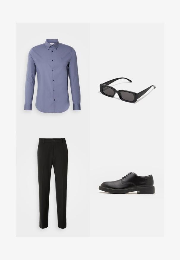 Hosszú ujjú, világoskék anyagból készült ing, sima felülettel, klasszikus gallérral és fekete gombokkal az elején.; Fekete nadrág sima szövetből, egyenes lábakkal, gombos záródással és klasszikus designnal, amely alkalmas formális vagy hétköznapi viseletre.; Fekete bőrcipő, kerek orrú, sima felületű, minimális varrással és alacsony gumitalppal. Logó a sarokrészen.; Fekete, téglalap alakú napszemüveg sötét lencsékkel, fényes felülettel, széles szárakkal és masszív keret designnal. Az egyik szárra gravírozott márkanevével.