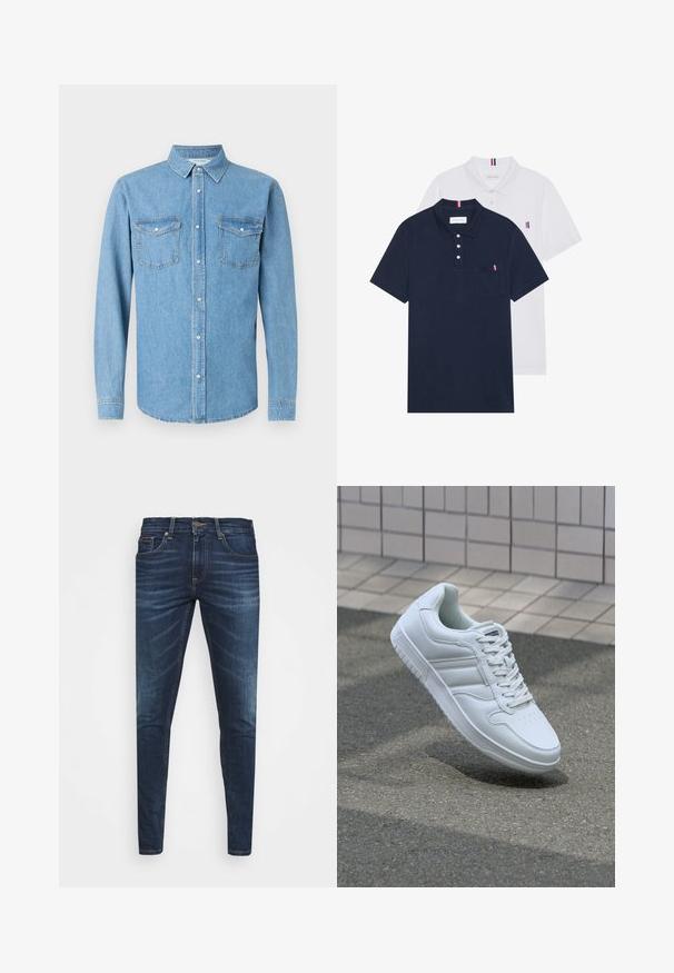 Jasnoniebieska koszula denimowa z długimi rękawami, zapinana na guziki z przodu, z dwoma kieszeniami na piersi. Posiada klasyczny kołnierz i gładką teksturę.; Dwa koszulki polo: jedna granatowa, a druga biała, obie z małym akcentem w kolorach czerwonym, białym i niebieskim na kieszeni na piersi oraz kołnierzyku.; Granatowe dżinsy o slim fit, delikatnym wyblaknięciu, pięciu kieszeniach i metalowym zapięciem. Haftowane akcenty w kontrastowym kolorze.; Białe sportowe trampki z gładkiej skóry, z zapięciem na sznurowadła, perforowanym noskiem i wzorzystą podeszwą. Minimalistyczny design z trzema paskami po bokach.