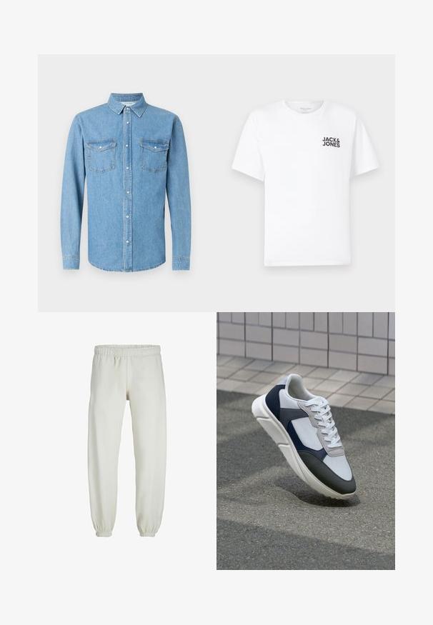 Camisa de mezclilla azul claro con mangas largas, cierre frontal de botones y dos bolsillos en el pecho. Cuenta con un cuello clásico y una textura suave.; Camiseta de algodón blanca, de manga corta, cuello redondo. Presenta el logo de texto en negro "JACK & JONES" en el área del pecho izquierdo. Diseño simple y liso.; Pantalones de chándal blancos hechos de una tela suave, con cinturilla y puños elásticos, que presentan una textura suave y un diseño holgado.; Zapatilla blanca, azul marino y gris con un diseño de materiales mixtos, que presenta una parte superior texturizada, cordones planos y una suela acolchada.
