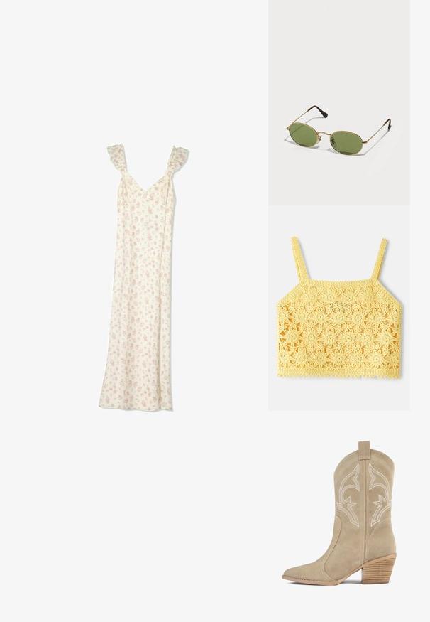 Żółty szydełkowy top crop z misternym wzorem koronkowym w kwiaty, wyposażony w cienkie regulowane ramiączka i falbaniasty dół.; Długa biała sukienka z małym różowym kwiecistym wzorem, falbaniastymi ramiączkami na ramionach i dekoltem w kształcie litery V.; Beżowy zamszowy kowbojski but z ostrym noskiem, dekoracyjnym białym przeszyciem i piętą z ciasno ułożonego drewna. Posiada pętelkę z tyłu.; Owalne okulary przeciwsłoneczne z zielonymi szkłami, złotą metalową oprawką i ciemnobrązowymi plastikowymi końcówkami. Lekkie, z widocznym logo Ray-Ban na jednym z soczewek.