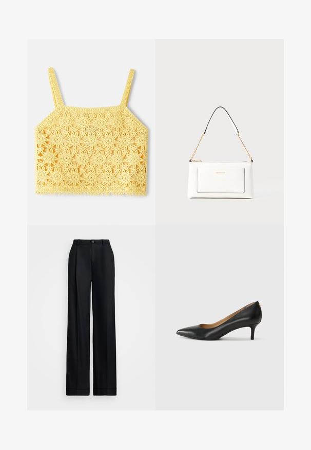 Top court au crochet jaune avec un motif en dentelle florale délicate, présentant des bretelles fines et ajustables ainsi qu'un ourlet à vagues.; Pantalons noirs à jambes larges avec une finition lisse, un devant plat, des passants de ceinture et une fermeture à un bouton à la taille.; Pompe noire en cuir avec un embout pointu, un petit talon et une texture lisse. Présente une légère ouverture à l'avant et un matériel minimal à l'arrière.; Sac à main en cuir blanc avec un fini texturé, doté d'une bandoulière en chaîne dorée et d'accents noirs. Comprend une poche avant et une fermeture éclair.