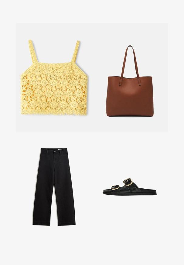 Gul hæklede crop top med indviklet blonder mønster i blomster, der har tynde justerbare stropper og en bølget kant.; Sorte wide-leg denim bukser med høj talje, der har front- og baglommer, syede sømme og en knaplukning. Glat tekstur.; Sort skridsandal med to guldspænder, glat tekstureret materiale, flad sål og et minimalistisk design.; Brun læder tote taske med en glat overflade, åben topdesign og to skulderremme. Har minimal syning og ingen synlig hardware.