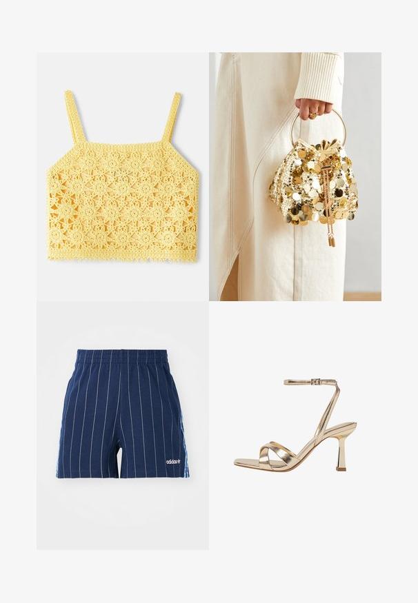 Yellow crochet crop top with intricate floral lace pattern, featuring thin adjustable straps and a scalloped hem.; Navy blue shorts with white pinstripes, elastic waistband, and Adidas logo. Features blue accents on the sides, made of cotton blend material.; Gold metallic high-heeled sandal with crisscross strap design, ankle strap with buckle, and a shiny block heel. Square toe shape.; Gold sequin drawstring handbag with a circular handle, featuring shiny round sequins and a textured fabric. Dimensions are not provided.