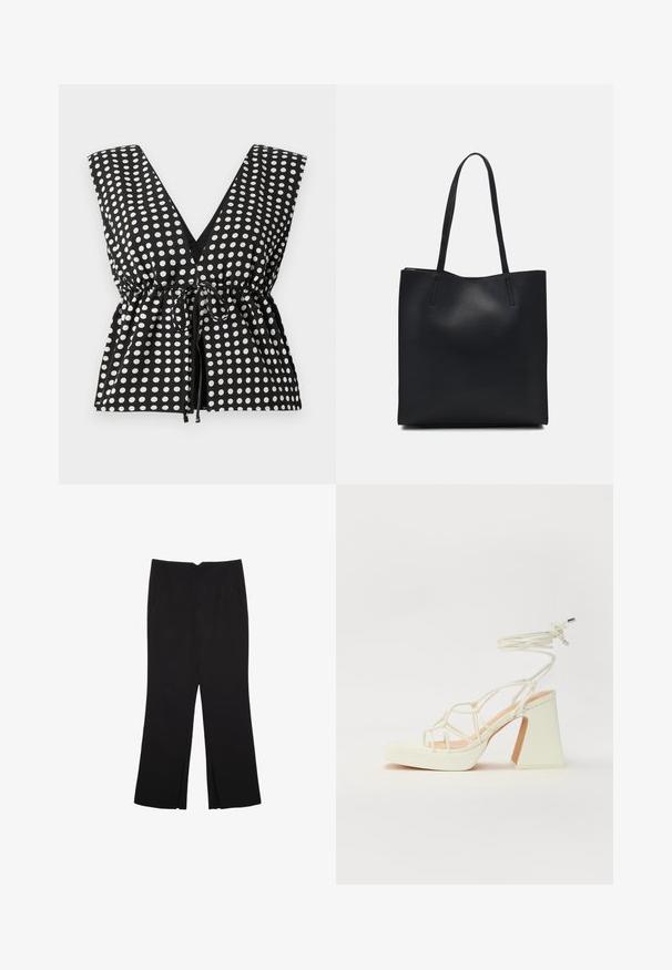 Schwarzes und weißes Polka-Dots-Oberteil mit tiefem V-Ausschnitt, ärmellosem Design, gerafftem Bund mit verstellbarem Bindegürtel und glatter Stoffstruktur.; Schwarze Hose mit geradem Schnitt, ausgestattet mit Fronttaschen und Seitenschlitzen am Saum. Hergestellt aus weichem, glattem Stoff. Geeignet für verschiedene Anlässe.; Weiße High-Heel-Sandale mit einem klobigen Absatz, die über ein Riemchendesign und ein Knöchelband verfügt. Glatte Textur mit einer Plattform vorne für zusätzliche Höhe.; Schwarze Laptoptasche aus Leder mit glatter Textur, rechteckiger Form und zwei langen Griffen. Keine sichtbaren Beschläge oder Verzierungen.