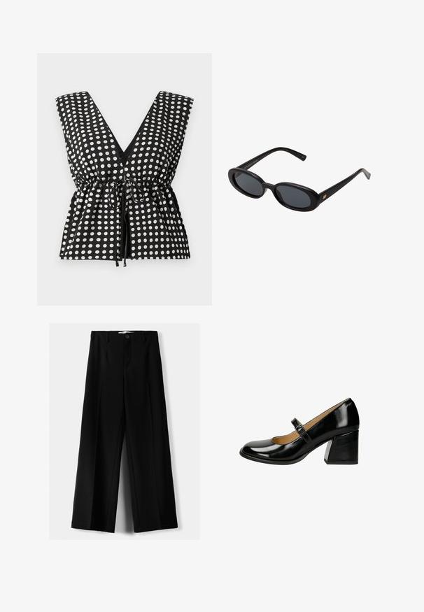 Top bianco e nero a pois con scollatura a V profonda, design senza maniche, vita arricciata con lacci regolabili e texture del tessuto liscia.; Pantaloni neri a gamba larga realizzati in tessuto leggero, caratterizzati da una chiusura frontale con bottone e frontale piatto, con orli cuciti con precisione.; Scarpa Mary Jane in vernice nera con punta arrotondata, cinturino regolabile con fibbia e tacco spesso con superficie testurizzata.; Occhiali da sole neri oversize con lenti ovali, montatura in plastica liscia e accenti dorati sulle tempie. Le lenti scure offrono protezione dal sole.