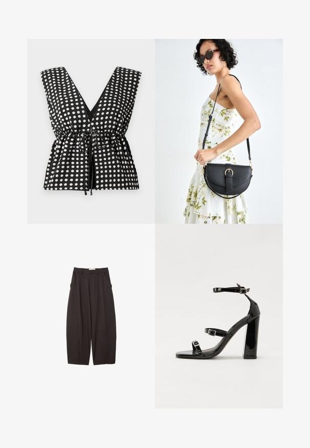 Čierno-biela blúzka s bodkami, s hlbokým výstrihom do V, bez rukávov, so zberaným pásom a nastaviteľnou šnúrkou, s hladkou textúrou látky.; Čierne široké nohavice vyrobené z hladkej tkaniny, s vysokým pásom, prednými skladmi a bočnými vreckami. Jednoduchý dizajn bez ozdôb.; Čierne lakované sandále na podpätku so štvorcovou špičkou, navlečenými remienkami okolo členku a striebornými prackami. Disponujú masívnym blokovým podpätkom pre stabilitu.; Čierna kožená kabelka s zaobleným tvarom, odnímateľným popruhom a zlatými doplnkami. Kabelka má klopu s detailom s prackou.