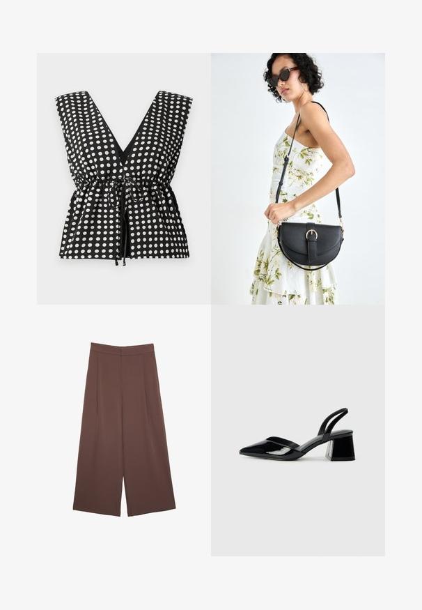 Mustat ja valkoiset pilkulliset yläosat syvällä V-kauluksella, olkaimettomalla mallilla, kerätty vyötärö säädettävällä soljella ja sileällä kangasrakenteella.; Ruskeat leveälahkeiset housut, joissa on sileä pinta, korkea vyötärö ja etupleat. Kangas on kevyttä ja laskeutuu väljänä.; Mustat patentoitu nahkakengät, joissa on säären takaosa ja terävä kärki, sekä geometrinen palikkakorko. Sisältää tyylikkään, minimalistisen muotoilun ja sileän pinnan.; Musta nahkainen käsilaukku, joka on kaareva muotoilultaan, irrotettavalla hihnalla ja kultaisilla yksityiskohdilla. Laukussa on läppä, jossa on solk yksityiskohta.