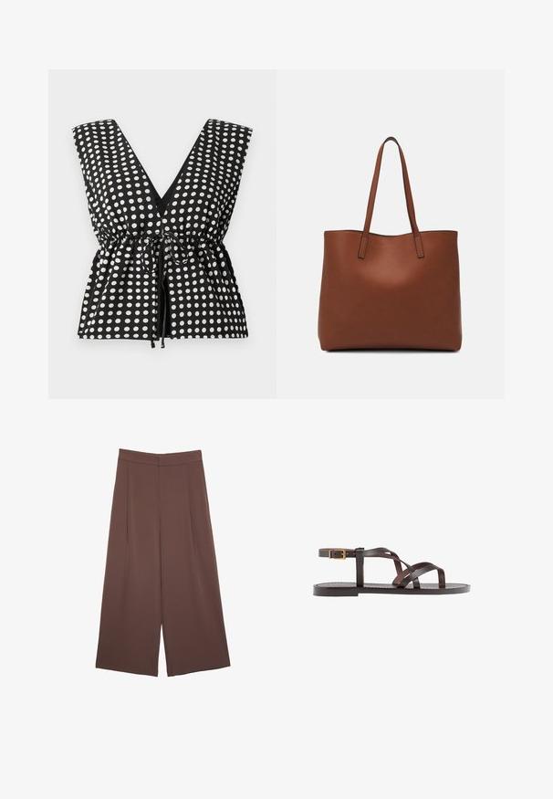 Črno-bela bluza s pikami, globokim V-izrezom, brez rokavov, z nabranim pasom in nastavljivo vrvico ter gladko teksturo tkanine.; Rjave široke hlače z gladko teksturo, ki imajo visok pas in sprednje naborke. Tkanina je lahka in prosto pada.; Rjav usnjen sandal z načinom prečnega črta, zaklepom okoli gležnja in ravnim podplatom z minimalnimi šivi.; Rjava usnjena torba z gladko teksturo, odprto zasnovo zgoraj in dvema naramnima trakovoma. Opremljena je z minimalnim šivanjem in brez vidnih kovinskih delov.