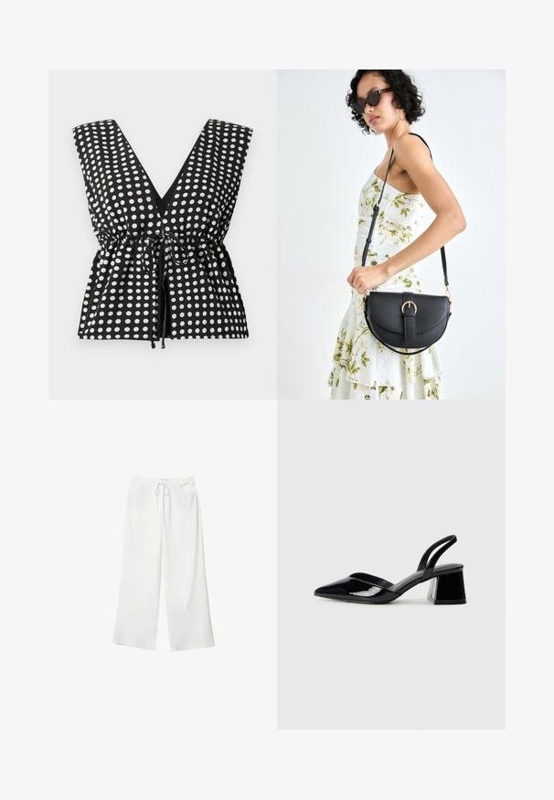 Svart och vit prickig topp med djup V-ringning, ärmlös design, rynkad midja med justerbart band och slät tygtextur.; Vita vida byxor i mjukt tyg med dragsko i midjan och två framfickor. Slät textur och inga synliga mönster.; Svarta lackläder slingback klackar med spetsig tå och geometrisk klack. Har en elegant, minimalistisk design och slät yta.; Svart läderhandväska med en böjd form, avtagbar rem och guldiga detaljer. Väskan har ett lock med en spänndetalj.