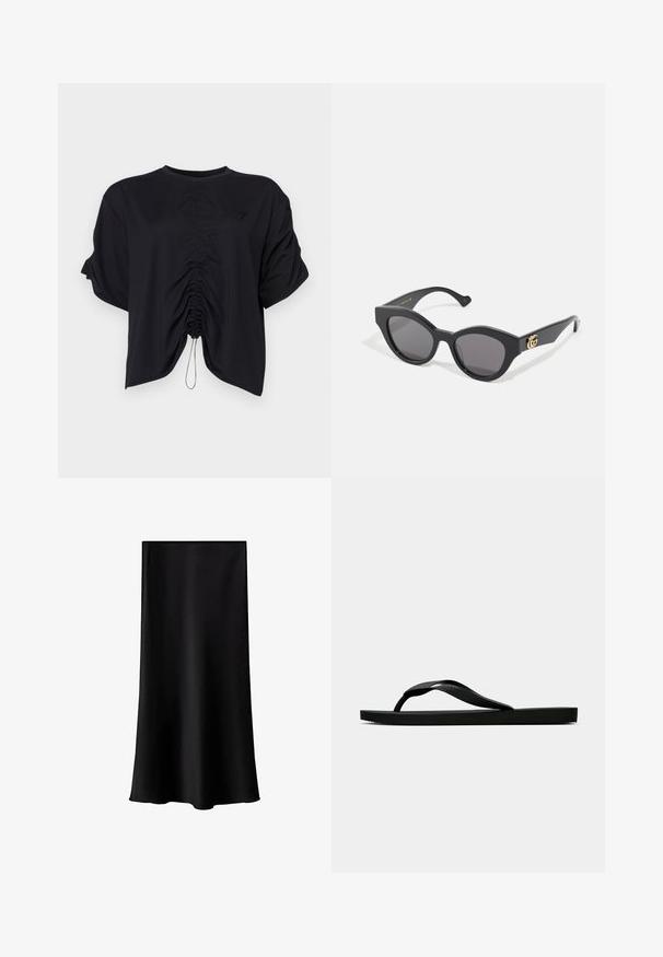 Black cropped top made of soft fabric, featuring a round neckline, short sleeves, and gathered detailing at the front with a drawstring.; Black midi skirt made of smooth, lightweight fabric. Features a straight cut, no visible hardware, and a simple design without patterns.; Black rubber flip-flop sandal with a textured thong strap and simple flat sole, shown from side on a plain light background.; Black sunglasses with an angular cat-eye shape, featuring dark tinted lenses. Gold logo accent on the temple. Smooth plastic frame.