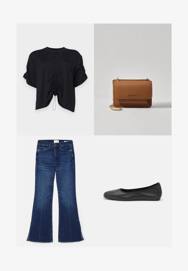 Black cropped top made of soft fabric, featuring a round neckline, short sleeves, and gathered detailing at the front with a drawstring.; Dark blue flared jeans made from denim. Features a high waist, front pockets, and slit details at the hem.  Classic five-pocket design.; Black leather ballet flat with a rounded toe, smooth texture, minimal stitching detail, and a flexible sole design.; Brown textured leather crossbody bag with gold chain strap and flap closure. Front features logo detail and a pocket under the flap.