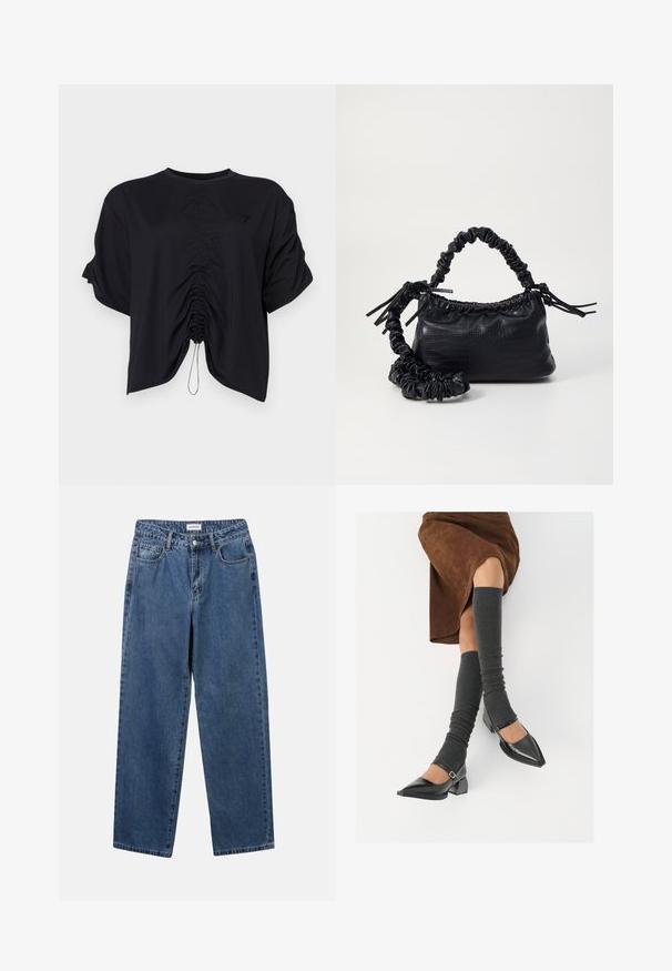 Top court noir en tissu doux, avec un col rond, des manches courtes et des détails froncés à l'avant avec un cordon de serrage.; Jean en denim bleu classique avec une coupe droite, cinq poches et une fermeture par bouton. Présente un lavage moyen et une texture robuste.; Chaussures à bout pointu en cuir verni noir avec un talon bloc et une bride à la cheville, accompagnées de jambières en maille grise et d'une jupe en daim marron.; Sac à main en simili cuir noir avec une texture crocodile, un dessus resserré et une sangle froncée. A l'apparence douce et compacte.