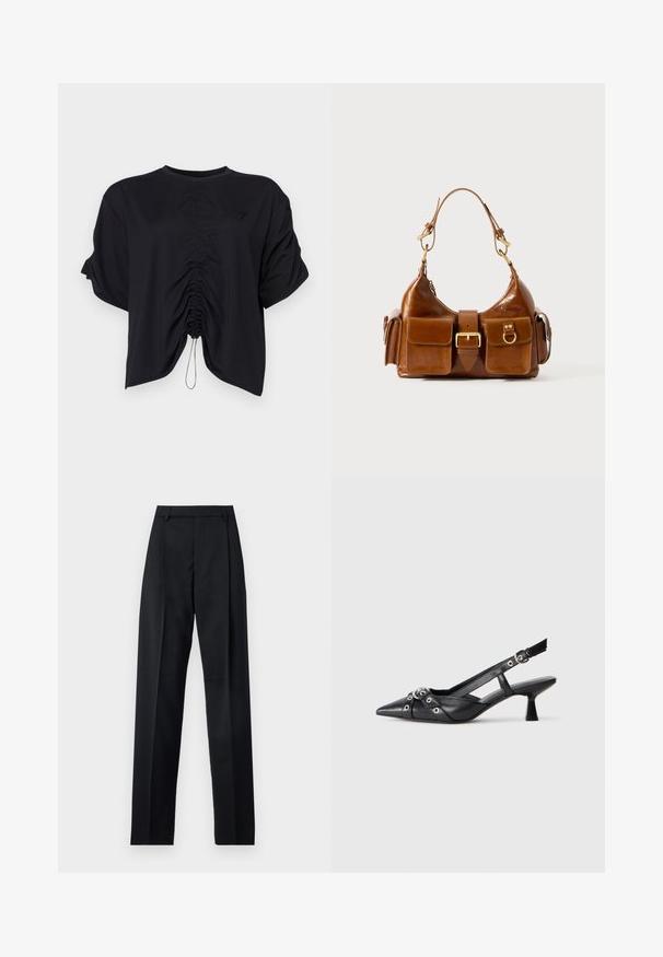 Čierny krátky top z mäkkého materiálu, so zaobleným výstrihom, krátkymi rukávmi a nariasením na prednej strane s šnúrkou na stiahnutie.; Čierne nohavice vyrobené z hladkej látky s vysokým pásom, širokými nohavicami, prednými záhybmi a klasickými pútkami na opasok. Žiadne bočné vrecká nie sú viditeľné.; Čierne kožené slingback topánky s špicatou špičkou, ozdobnými popruhmi s kovovými očkami a nízkym blokovým podpätkom. Textúrovaný povrch.; Hnedá kožená kabelka s zakriveným tvarom, dvojitým zlatým kovovým doplnkom, dvoma prednými vreckami a širokým popruhom. Hladká textúra s elegantným vzhľadom.