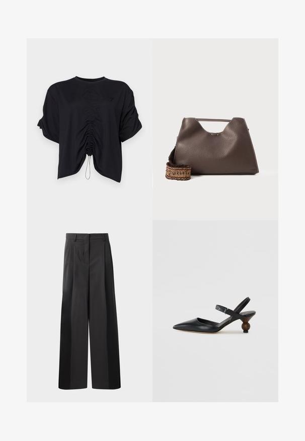 Black cropped top made of soft fabric, featuring a round neckline, short sleeves, and gathered detailing at the front with a drawstring.; Black wide-leg trousers with a high waist, featuring front pleats, a smooth texture, and a tailored finish. Designed for a relaxed fit.; Black leather slingback shoe with a pointed toe, curved design, and a round wood-like heel. Features a narrow ankle strap.; Brown leather handbag with a textured finish, angular design, and a distinctive top handle. Features a patterned woven strap detail.