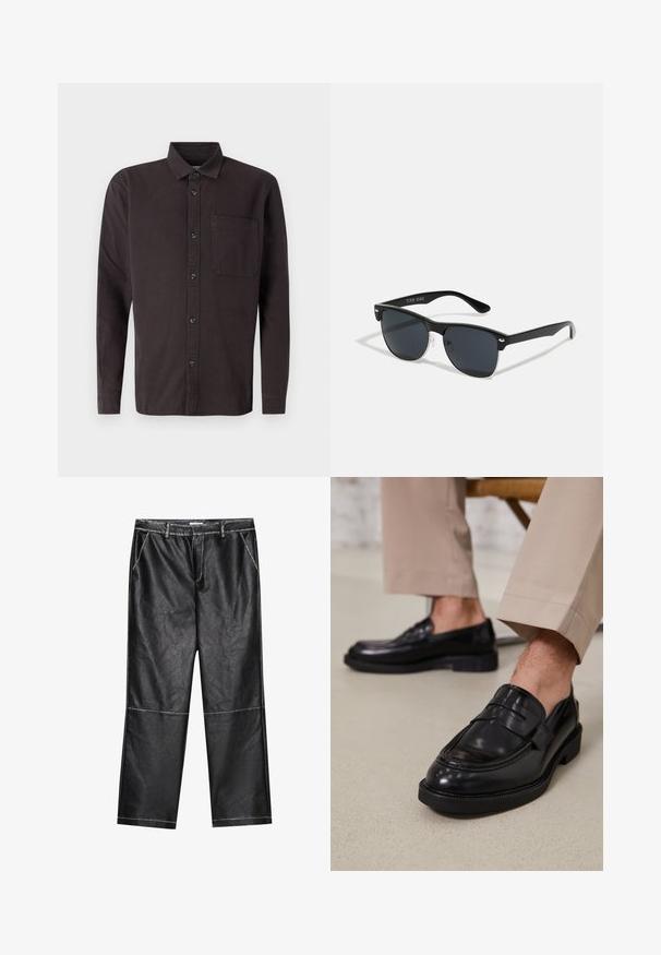 Donkerbruine langemouwen shirt van katoen, met een knoopsluiting kraag, een voorzak en zwarte knopen voor de sluiting.; Zwarte faux leren broek, wijde pijpen, met stikdetails en voorzakken, met een gladde, licht reflecterende textuur.; Zwarte leren loafers met een gladde afwerking, voorzien van een decoratieve band en contrasterende stiksels, gecombineerd met beige broeken.; Zwarte zonnebril met een rechthoekige vorm, donkere lenzen, zilveren accenten bij de slapen en een matte afwerking op het montuur.