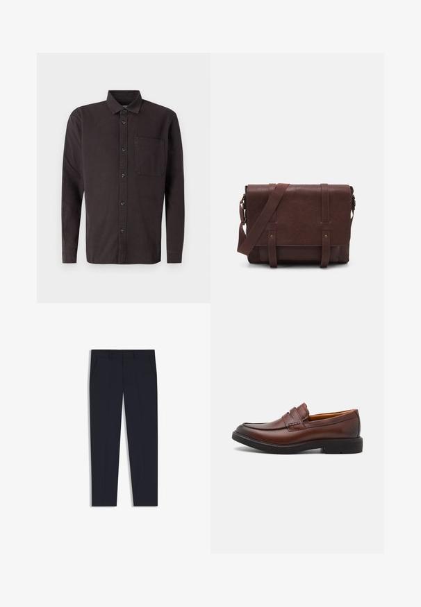 Donkerbruine langemouwen shirt van katoen, met een knoopsluiting kraag, een voorzak en zwarte knopen voor de sluiting.; Marineblauwe broek met een getailleerde pasvorm, voorzien van twee voorkruiden, een vlakke voorkant en een gladde textuur. Geen zichtbare patronen of versieringen.; Bruine leren instappers met een ronde neus, decoratieve stiksels en een zwarte rubberen zool. Gladde textuur en minimale ontwerpelementen.; Bruine lederen schoudertas met een platte voorflap, twee banden, gouden hardware-accenten en een verstelbare schouderband.
