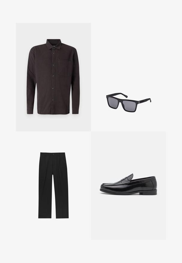 Tmavohnedá košeľa s dlhým rukávom vyrobená z bavlny, s golierom na gombíky, prednou vreckom a čiernymi gombíkmi na zapínanie.; Čierne nohavice s rovnými nohavicami, vyrobené z hladkej tkaniny. Majú predné puky a jediné gombíkové zapínanie v páse.; Čierne kožené mokasíny s okrúhlou špičkou, dekoratívnym stehom a nízkym podpätkom. Hladký povrch s jemným leskom. Klasický dizajn bez ozdôb.; Čierne obdĺžnikové slnečné okuliare s tmavými sklami, matným povrchom a logom na spánku. Dizajn má rovné hrany a hrubé rámy.