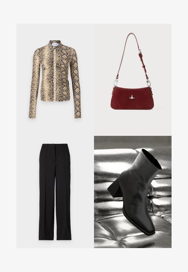 MARINE SERRE PYTHON PRINTED DRAPED RUCHED - Button-down blouse - grege; Black trousers with a straight leg design, featuring two front pleats, a waistband, and no visible pockets or embellishments.; Black ankle boot made of glossy material with a square toe and tapered heel, set against a shiny silver tufted background.; Red suede shoulder bag with a curved shape. Features a silver-tone accent and adjustable strap with hardware detailing. Smooth texture.