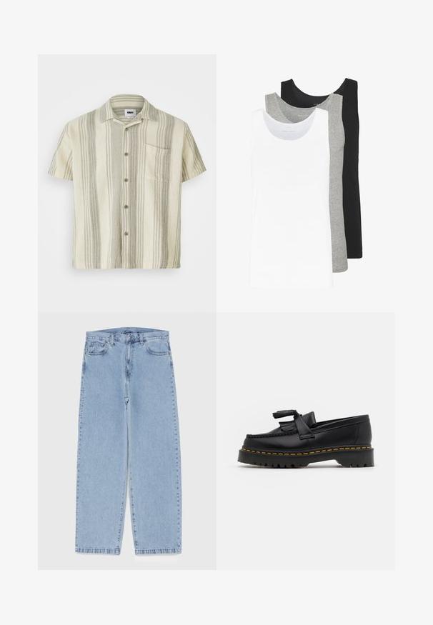 Camisa de botão de manga curta em bege claro com riscas verticais em cinza. Apresenta um bolso no peito e tecido texturizado.; Três t-shirts sem mangas em branco, cinza e preto. Cada uma apresenta um design clássico sem mangas, feita de um tecido de algodão leve com uma textura canelada.; Jeans de denim azul claro com design de perna reta, apresentando uma cintura de altura média, cinco bolsos e um fecho de botão e zíper.; Mocassim de couro preto com um detalhe de franjas, apresentando uma sola preta robusta e costura amarela ao longo da borda. Acabamento texturizado.
