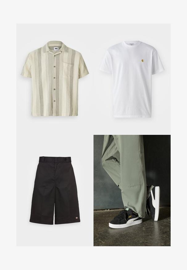 Rövid ujjú gombos ing világos bézs színben, szürke függőleges csíkokkal. Mellzsebből és texturált anyagból készült.; Fehér pamut póló rövid ujjakkal, kerek nyakkal, bal mellel egy kis arany logóval. Puha tapintású és normál fazonú.; Fekete pamut rövidnadrág egyenes szabással, térd hosszúságú, és látható márkás logóval a szegélyen, sima textúrával.; Fekete velúr sportcipők fehér gumitalppal és oldalsávokkal, világos zöld cargo nadrággal párosítva, egy textúrált sötét felületen állva.