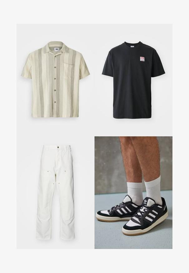 Κοντομάνικο πουκάμισο σε ανοιχτό μπεζ με κάθετες ρίγες σε γκρι. Διαθέτει τσέπη στο στήθος και υφή υφάσματος.; Μαύρο βαμβακερό μπλουζάκι με στρογγυλή λαιμόκοψη, κοντά μανίκια και μία μικρή έγχρωμη ετικέτα στο αριστερό στήθος που αναγράφει τη λέξη "SUPERIOR."; Λευκά βαμβακερά cargo παντελόνια με χαλαρή εφαρμογή. Ενδεικτικά χαρακτηριστικά περιλαμβάνουν μπροστινές τσέπες, χρυσές λεπτομέρειες και ενισχυμένα γόνατα.; Μαύρα και λευκά αθλητικά παπούτσια με άνω μέρος από σουέτ και δέρμα, featuring τρεις λευκές ρίγες, περατά δάχτυλα και σόλα από καουτσούκ τύπου γκαστ.