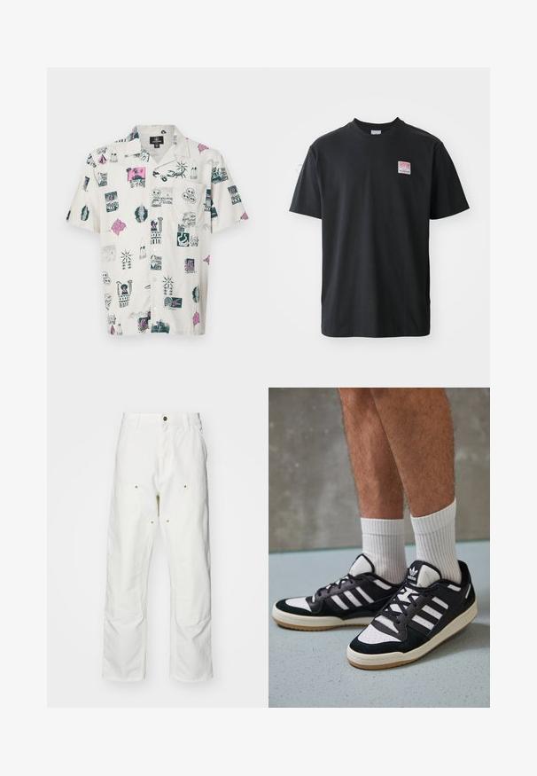 Chemise à manches courtes de couleur beige clair avec des imprimés graphiques multicolores présentant divers icônes, motifs et designs ; coupe décontractée et col boutonné.; T-shirt en coton noir avec col rond, manches courtes, et une petite étiquette colorée sur la poitrine gauche avec le mot "SUPERIOR."; Pantalons cargo en coton blanc avec une coupe décontractée. Les caractéristiques incluent des poches avant, des accents en métal doré et des sections de genoux renforcées.; Baskets noir et blanc avec une tige en suède et cuir, comportant trois rayures blanches, un bout perforé et une semelle en caoutchouc gum.