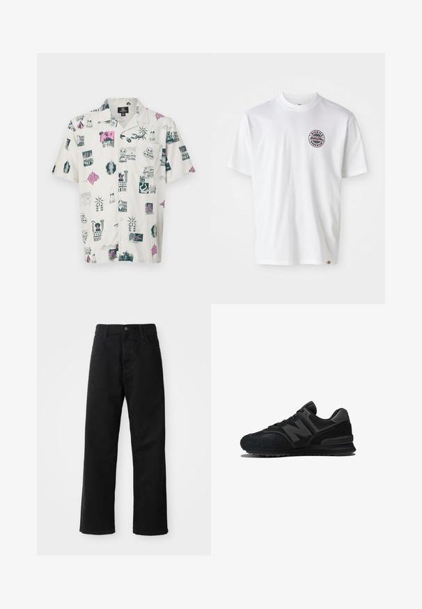 Chemise à manches courtes de couleur beige clair avec des imprimés graphiques multicolores présentant divers icônes, motifs et designs ; coupe décontractée et col boutonné.; T-shirt en coton blanc avec un logo rond sur la poitrine. Encolure ras du cou, manches courtes, coupe décontractée, avec des accents rouges et noirs.; Pantalons en denim noir à coupe droite, avec poches avant, fermeture éclair et un seul bouton supérieur. Tissu texturé avec une finition mate.; Baskets noires avec un dessus en daim et en maille, semelle épaisse et logo 'N' bien en vue sur le côté. Design texturé avec fermeture à lacets.