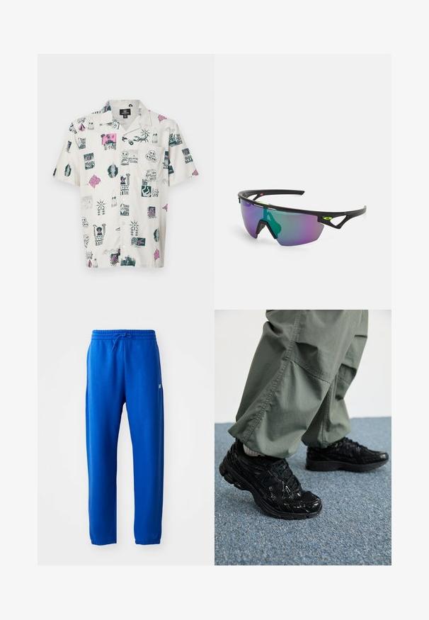 Camicia a maniche corte di un leggero beige con stampe grafiche multicolori che presentano vari simboli, motivi e design; vestibilità rilassata e colletto con bottoni.; Pantaloni sportivi blu realizzati in tessuto morbido, con vita elasticizzata e cordino, gambe affusolate e un piccolo dettaglio del logo sul lato.; Sneaker atletici neri con texture lucida e in rete, dotati di una suola spessa e lacci, abbinati a pantaloni cargo larghi verde oliva.; Occhiali da sole sportivi con montatura nera, grandi lenti a gradiente con sfumature viola e verdi, e dettagli di design angolari con logo.