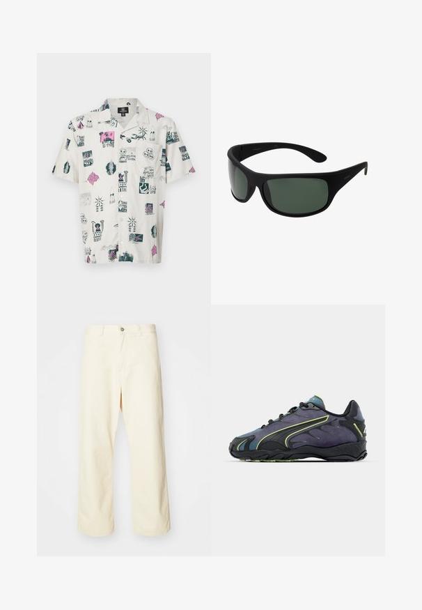 Korte mouwen shirt in licht beige met multikleurige grafische prints van verschillende iconen, patronen en ontwerpen; ontspannen pasvorm en knoopsluiting bij de kraag.; Crème-kleurige, wijde broek van katoen met een knoopsluiting, riemlussen en een gestikte zoom. Gladde textuur, zonder zichtbare patronen.; Zwarte en paarse sportschoenen met een textuur bovenmateriaal, groene accenten en een rubberen zool met een golvend ontwerp. Vetersluiting.; Zwarte wikkelzonnebril met donkergroene lenzen. Matte afwerking, gebogen ontwerp, met rechte armen en subtiele branding aan de zijkant.