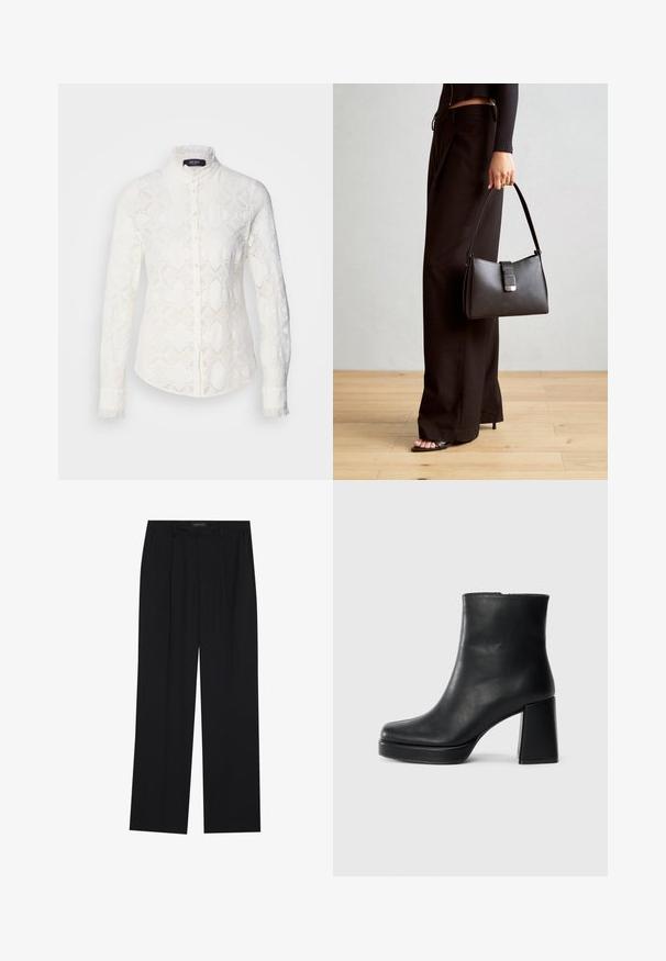 Mos Mosh SHIRT - Button-down blouse - ecru; Black trousers with a straight-leg design, featuring two front pockets and a waistband. Made from a smooth, lightweight fabric.; Black leather ankle boot with a block heel and platform sole, viewed from the side on a plain white background.; Black handbag with structured shape, smooth texture, and a metallic clasp. Paired with wide black pants and open-toe sandals on wooden floor.