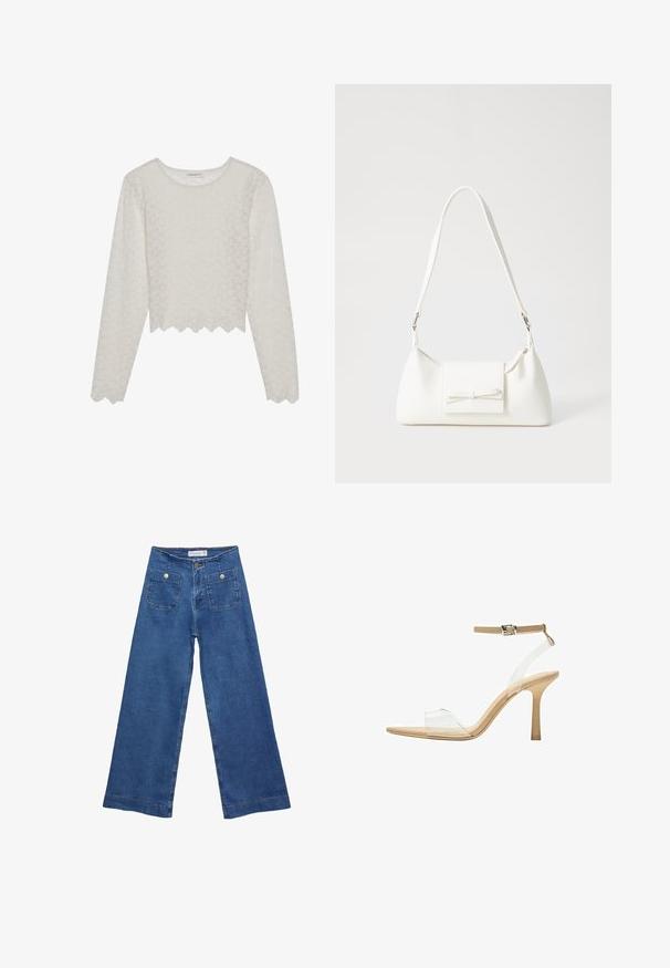 Jasnokremowy top z długim rękawem o teksturowanym kwiatowym wzorze, krótki fason i falbaniasty dół. Wykonany z lekkiego, półprzezroczystego materiału.; Jeans dżinsowe o szerokich nogawkach w średnim niebieskim odcieniu, z dwiema przednimi kieszeniami zapinanymi na guziki oraz przeszyciami wzdłuż dołów nogawek.; Przezroczysta sandał z obcasem, z przezroczystą cholewką, beżową wkładką i smukłym paskiem w okolicy kostki. Posiada spiczasty czubek i cienki wysoki obcas.; Biała syntetyczna torba o trójkątnym kształcie, płaskim przednim klapce i detalach w postaci kokardy, regulowanym pasku, gładkiej fakturze oraz minimalistycznym designie.