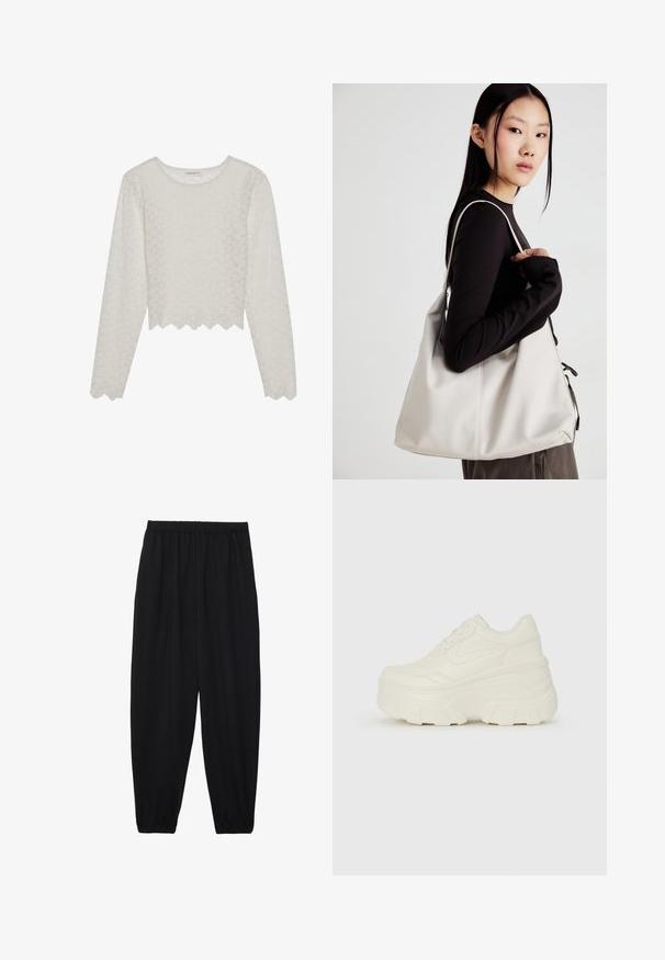Cream-colored long-sleeve top with a textured floral pattern, cropped design, and scalloped hem. Made from a lightweight, semi-sheer fabric.; Black, lightweight pants with an elastic waistband and gathered ankles. The fabric is smooth and features a relaxed, tapered design.; White platform sneakers featuring a smooth leather-like upper, rounded shape, padded collar, and textured rubber sole with defined treads.; Beige handbag made of soft material, featuring a slouchy design, stitched detailing, and two shoulder straps. Suitable for everyday use.