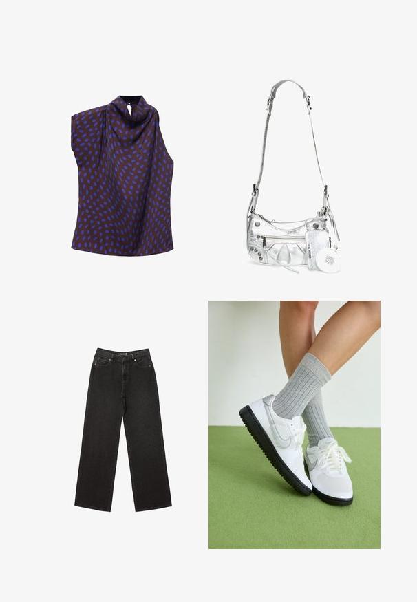 Hihaton paita ruskeasta kankaasta suurilla sinisillä soikeilla pilkuilla. Sisältää kaarrokkeen ja epäsymmetrisen muotoilun, jossa on takakappaleen suljenta.; Mustat leveät farkut, jotka on valmistettu denimestä ja joissa on pieniä pistekuvioita, perinteinen viisi-taskuinen muotoilu sekä nappi- ja vetskarihyttys.; Valkoiset urheilusandaalit harmailla yksityiskohdilla, mustalla kumipohjalla ja valkoisilla nauhoilla, yhdistettynä vaaleanharmaisiin röyhelösukkiin, asetettuna vihreälle pinnalle.; Hopeaketti hohtava hopea, kaarevalla muodolla, vetoketjullisilla osastoilla, napituskoristeilla ja irrotettavalla korttipidikkeellä.