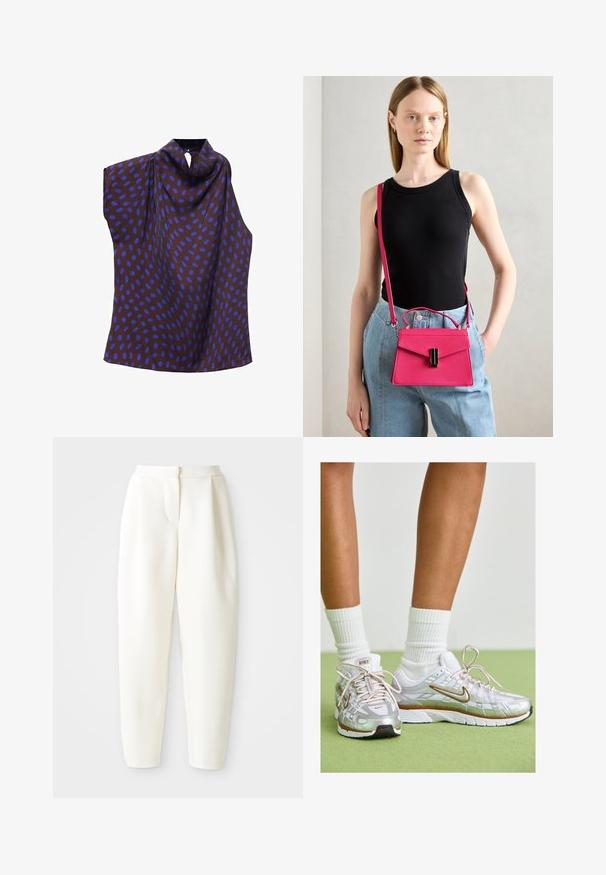 Sleeveless blouse in brown fabric with large blue oval polka dots. Features a cowl neck and an asymmetrical design with a back closure.; High-waist tapered white pants with a concealed front closure and side pockets, displayed against a plain white background.; Silver athletic shoes with white and gold accents, featuring a mesh upper, rubber sole, and a reflective finish. Socks visible above ankle.; Pink structured handbag with a flap closure and a black accent hardware. Worn crossbody with a long strap. Smooth texture.