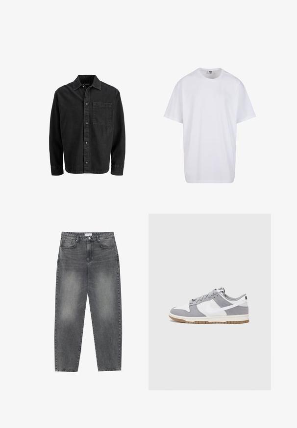 Sort denimjakke med lige pasform, knaplukning, spidse krave og en enkelt brystlomme. Har en struktureret stof og synlige syninger.; Hvid bomulds t-shirt med korte ærmer, rund halsudskæring, afslappet pasform, og ingen synlige logoer eller mønstre. Glat tekstur og minimalistisk design.; Høj talje, løstsiddende jeans i falmet sort denim. Har fem lommer, bæltestropper og et rent, lige ben design.; Grå og hvid sneaker med en overdel i ruskind og læder, rund tå, flade snørebånd og en gummisål med en gummifarvet detalje.