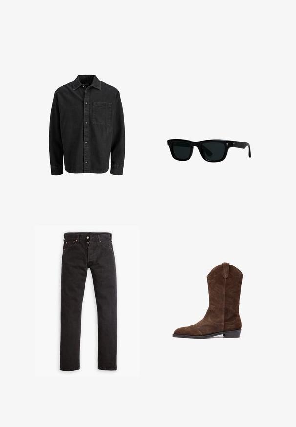 Veste en denim noir avec une coupe droite, fermeture à boutons, col pointu et une poche poitrine unique. Présente un tissu texturé et des coutures visibles.; Jean slim noir avec patte de boutonnage, cinq poches et rivets en cuivre, à plat sur fond blanc.; Botte de cow-boy en daim marron avec un bout pointu, des détails de couture embossés et un petit talon empilé. Équipée de languettes latérales pour un enfilage facile.; Lunettes de soleil noires avec des montures carrées, des verres foncés et un matériau en plastique lisse. Présentent de petits accents ronds à l'avant et des branches fines.
