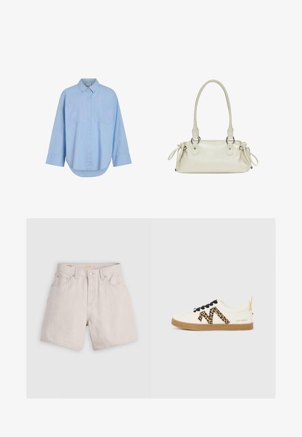 Svetlo modra srajca s klokcami, narejena iz bombaža, z dolgimi rokavi, dvema sprednjima žepoma, zapenjanjem spredaj z gumbi in ukrivljenim robom.; Bež denim šortsi z visokim pasom, z gumbi na sprednji strani, zankami za pas in zasnovo s petimi žepi; lahki in z gladko teksturo.; Bela teniska z črnimi vezalkami, akcenti z leopardjim potiskom, ki tvorijo vzorec v cik-cak, in svetlo rjava gumijasta podplata. Ime blagovne znamke se pojavi na peti.; Bežna usnjena torbica z gladko teksturo, dvema zaobljenima ročajema in nastavljivimi trakovi na obeh straneh. Ima srebrne dodatke.