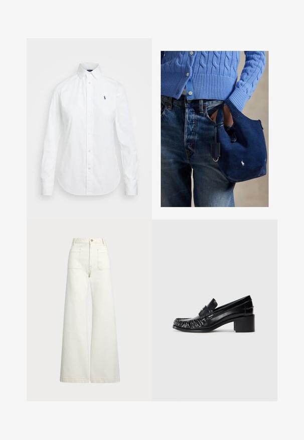 Balta poguota krekla ar norādītu apkakli, garām piedurknēm un nelielu zilu logotipu kreisajā krūtī. Izgatavota no kokvilnas auduma.; Platās kājas džinsi off-white denima. Augsta jostasvieta ar pogu aizdari, divas priekšējās kabatas un kontrastējošas šuvju detaļas.; Melnas ādas loafers ar krokojuma priekšpusi, noapaļotu purngali un blokveida papēdi. Tiem ir dekoratīva josta un izšuvuma detaļa pa malām.; Tumši zila zamša rokassoma ar mīkstu faktūru, diviem rokturiem un mazu pievienotu birku. Priekšpusē ir balts logotips un apaļa apakša.