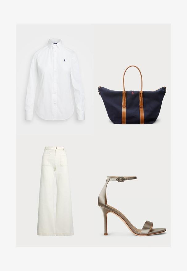 Hvid skjorte med knapper, spids krave, lange ærmer og et lille blåt logo på venstre bryst. Fremstillet af bomuldsstof.; Pæne brede jeans i off-white denim. Høj talje med knaplukning, to forlommer og detaljer med kontrastsyning.; Satin højhælede sandal i sølv med en ankelrem, der har en dekorativ spænde. Åben tå og slank, strømlinet design.; Marineblå canvas sporttaske med lysebrune læderremme, lynlås lukning og lille rød logo detalje på forsiden, udstyret med et bredt og rummeligt design.