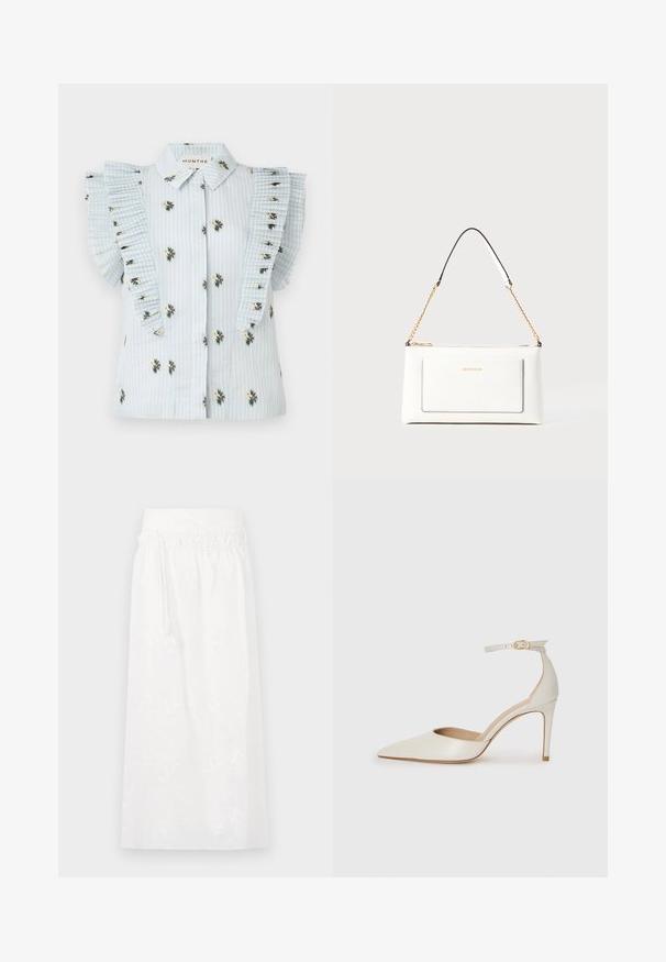 Blusa azzurro chiaro con righe verticali, ricami floreali e maniche a ruffle plissettate. Chiusura frontale con bottoni e colletto standard.; Gonna maxi bianca con cintura elastica, delicata ricamatura floreale e design fluido. Realizzata in tessuto leggero.; Scarpa col tacco alto in pelle bianca con punta affusolata, cinturino alla caviglia e tacco a stiletto sottile. Texture liscia con una finitura leggermente lucida.; Borsa a tracolla bianca in pelle con un finish testurizzato, dotata di una tracolla in catena dorata e accenti neri. Include una tasca frontale e una chiusura con zip.