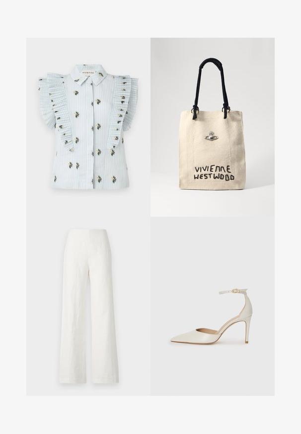 Šviesiai mėlyna bluzonė su vertikaliomis juostelėmis, gėlių siuvinėjimu ir klostuotomis raukšlėmis. Mygtukų užsegimas priekyje su standartiniu apykakle.; Balti lininiai plataus kirpimo keliai su lygiu paviršiumi ir aukštu juosmeniu. Ypatingas paprastas ir švarus siluetas be puošmenų.; Balti odiniai aukštakulniai batai su smailiu priekiniu galu, kulkšnies dirželiu ir siauru stiletu. Lygi tekstūra su subtiliu blizgiu paviršiumi.; Smėlio spalvos nertinė pirkinių krepšys su juodais rankenomis, kuriame yra išsiuvinėjimas "Vivienne Westwood" ir dekoratyvinis sidabrinis orbito akcentas.
