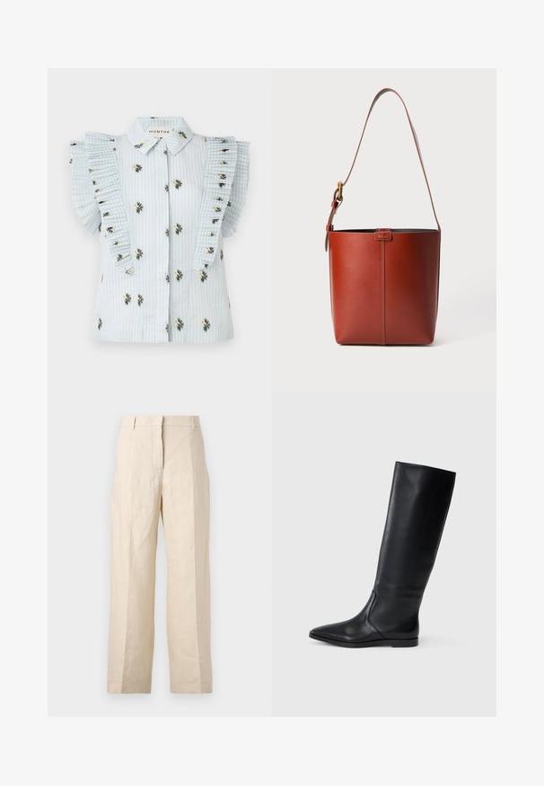 Lichtblauwe blouse met verticale strepen, bloemenborduurwerk en geplooide ruffles aan de mouwen. Knopsluiting aan de voorkant met een standaard kraag.; Beige linnen broek met een losse pasvorm, geplooide voorkant en rechte pijpen. Beschikt over een tailleband met riemlussen en geen zichtbare zakken.; Zwarte leren kniehoge laars met een puntige neus en een minimalistisch ontwerp. Glad textuur en platte zool, met discreete zijnaaddetails.; Bruine lederen emmerzak met verstelbare schouderband en gouden gesp, eenvoudige verticale naaddetails aan de voorkant.